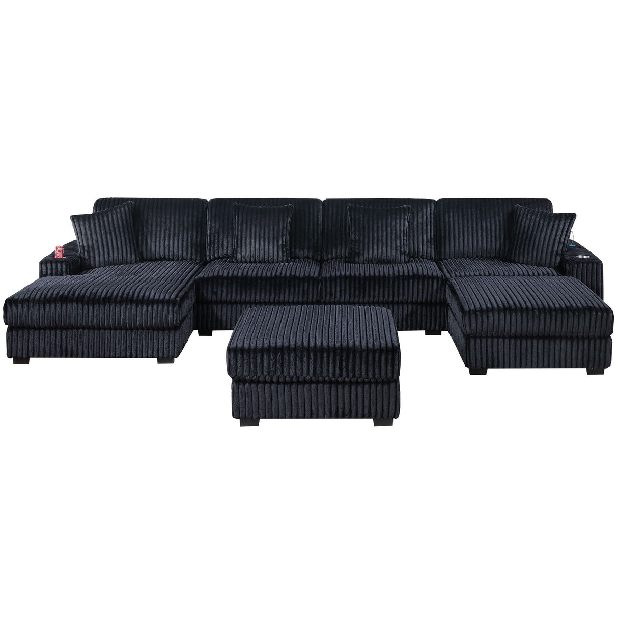 6 Piece Modular U Sectional Sofa Set With USB Cup Holder, Low Leg - Black