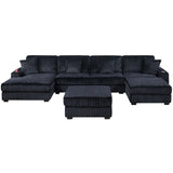 6 Piece Modular U Sectional Sofa Set With USB Cup Holder, Low Leg - Black