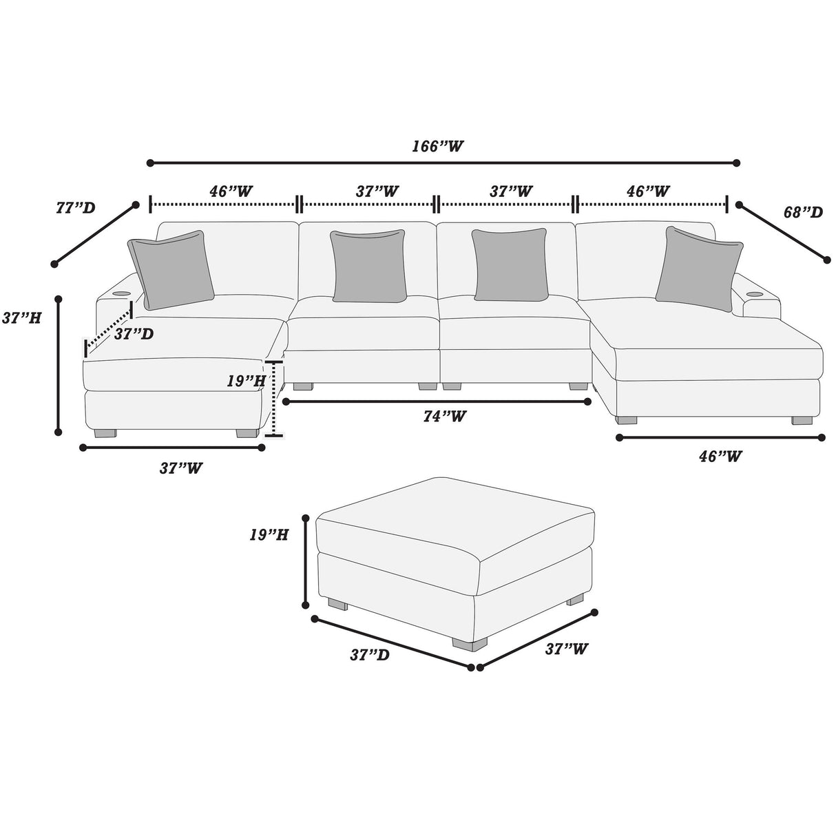 6 Piece Modular U Sectional Sofa Set With USB Cup Holder, Low Leg - Black