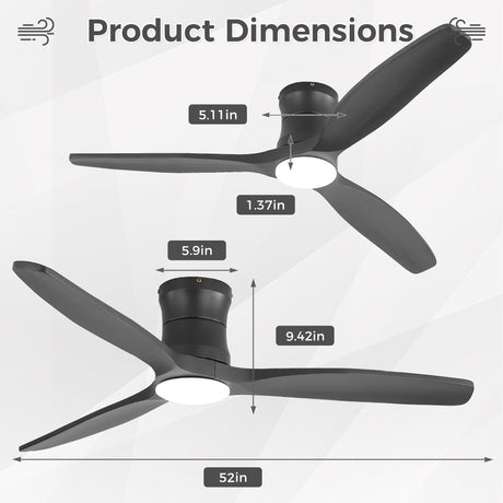 52" Ceiling Fan With Light, Dimmable DC Reversible Motor, 3 Blades