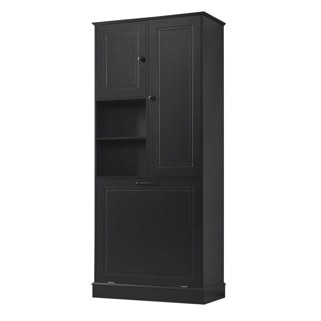 Modern Tall Storage Cabinet With Adjustable Shelves, Flip-Out Basket & Enclosed Doors