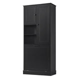 Modern Tall Storage Cabinet With Adjustable Shelves, Flip-Out Basket & Enclosed Doors