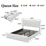 Upholstered Bed Frame With LED Lights, 4 Storage Drawers, Charging Station
