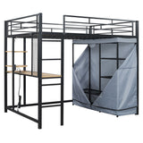 Loft Bed With Desk, Shelves, Power Outlet, LED Light And Wardrobe