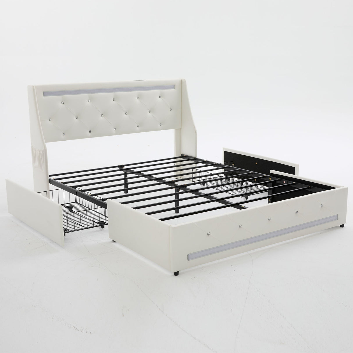Wingback Upholstered Bed Frame With LED Lights, Charging Station