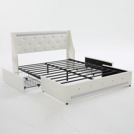 Wingback Upholstered Bed Frame With LED Lights, Charging Station