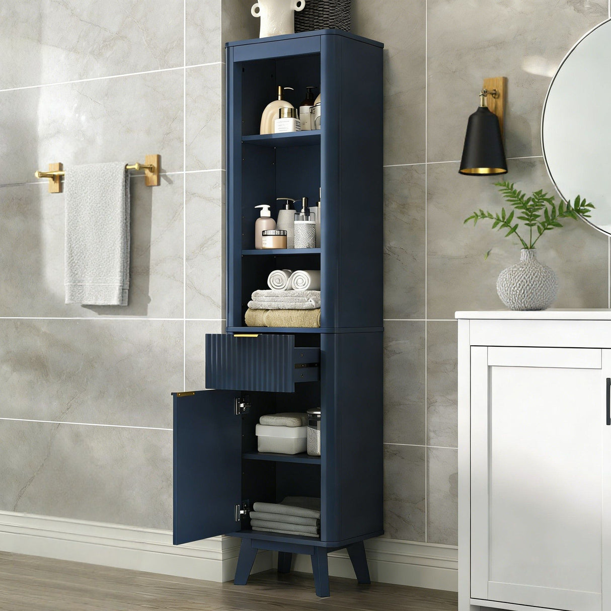 Tall Bathroom Storage Cabinet With Adjustable Shelves And 1 Drawer & Door