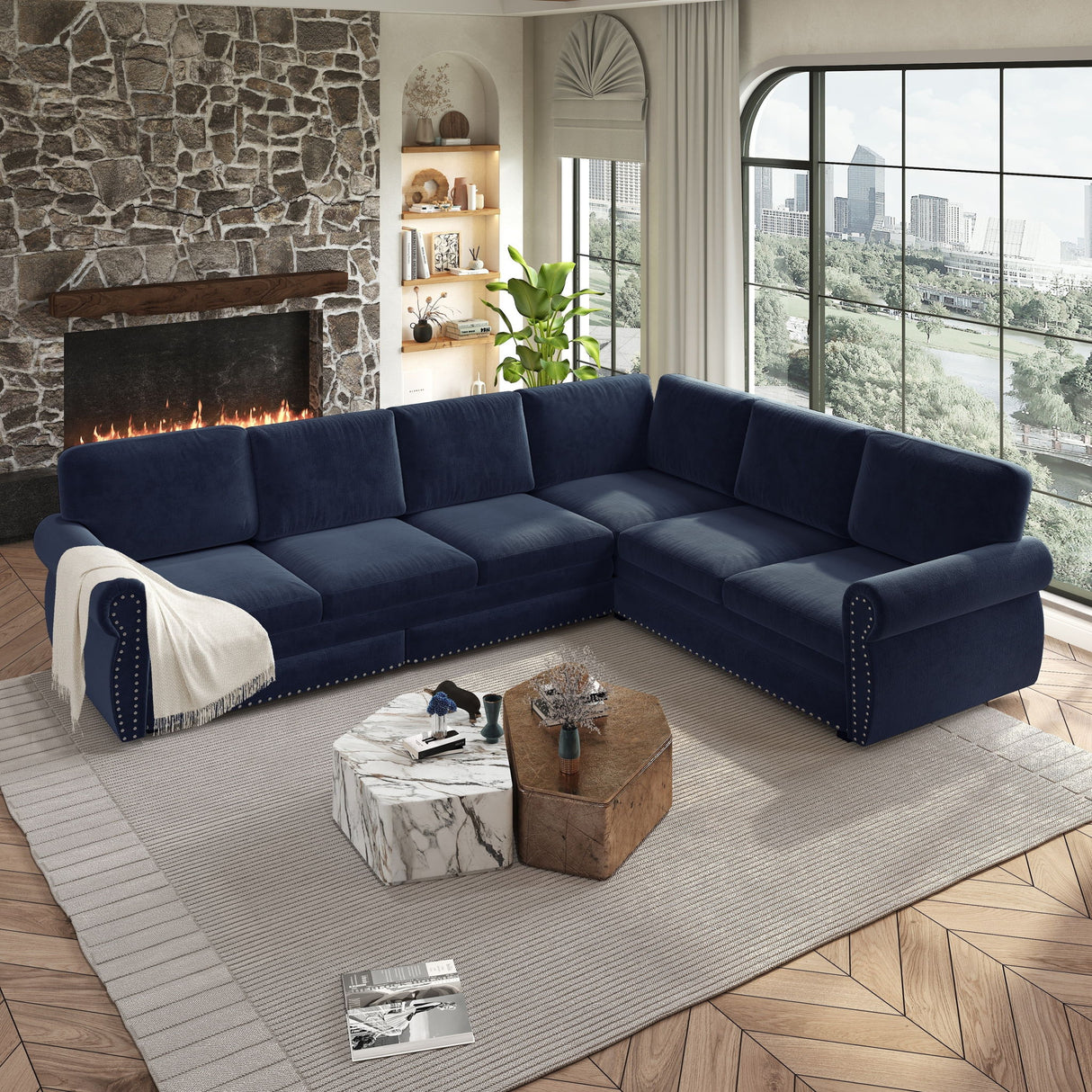 L-Shaped Sofa Couch With Pull Out Bed With Nailhead Trim & Rolled Arm