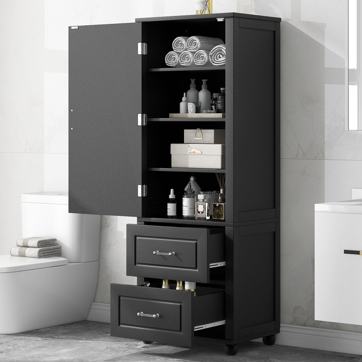 Tall Freestanding Bathroom Storage Cabinet With 2 Drawers And Adjustable Shelf