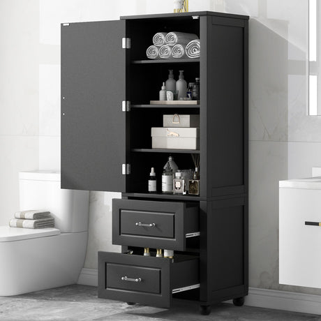 Tall Freestanding Bathroom Storage Cabinet With 2 Drawers And Adjustable Shelf