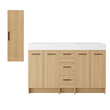 Double Sink Bathroom Vanity Set With Tall Linen Cabinet, 3 Drawers, Extra Large Storage, Integrated Sink, Freestanding Cabinet - Light Oak / White