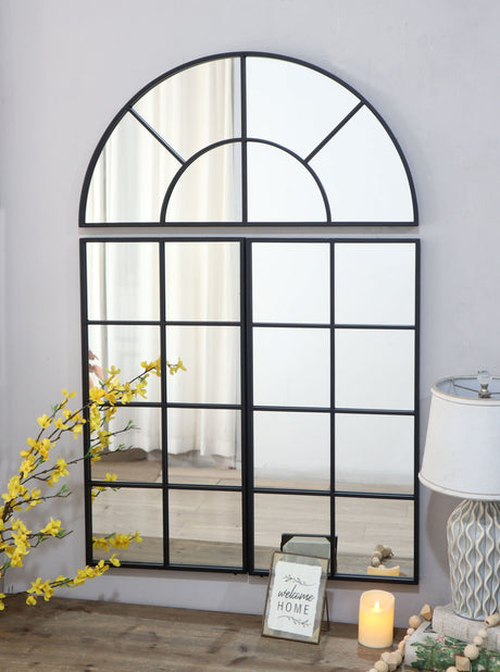 Large Arched Wall Mirror With 3 Separate Sections - Black