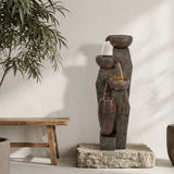 Outdoor Water Fountain, 4 Tier Cascading Bowl With Warm LED Lights For Patio - Brown / Tan