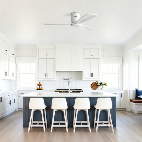52" Flush Mount Ceiling Fan With Remote, No Light, 3 Blades, 6 Speed DC Motor For Indoor Patio - White