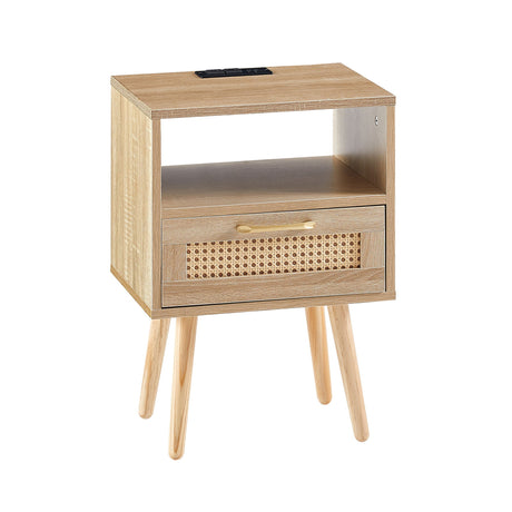 15.75" Rattan End Table With Power Outlet & USB Ports, Modern Nightstand With Drawer And Solid Wood Legs, Side Table For Living Room, Bedroom