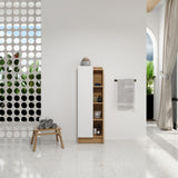 Tall Freestanding Bathroom Side Cabinet With Single Door & 4 Tier Open Shelves - Black / Light Oak / White