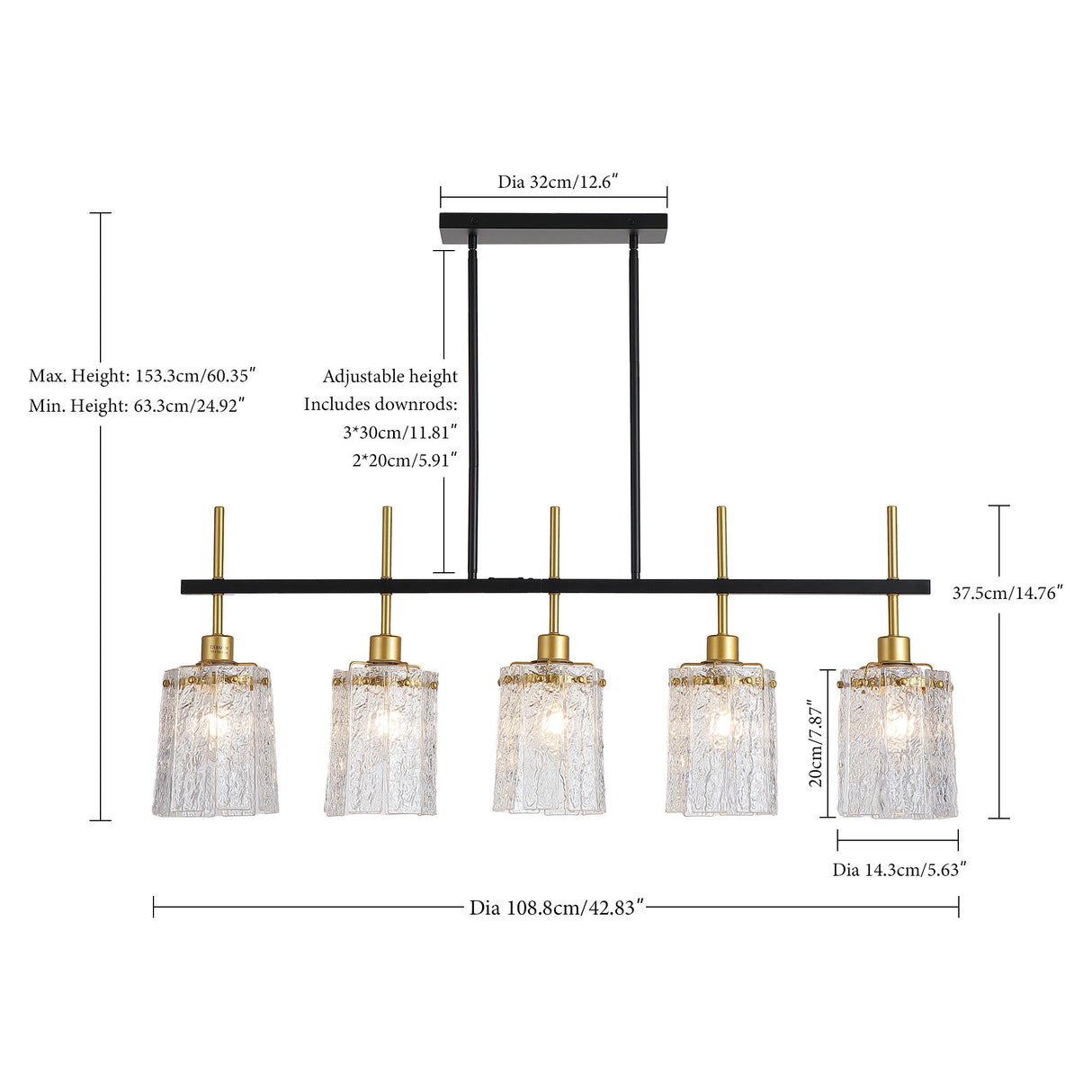 Chandelier 5 Light, Fixture Over Table - Black / Gold