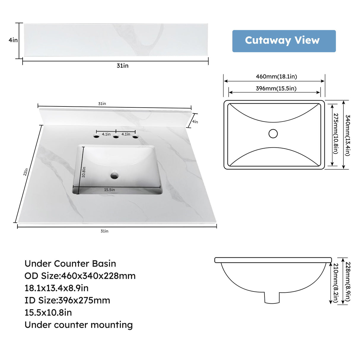 Bathroom Vanity Top With Undermount Sink, 3 Pre Drilled Holes