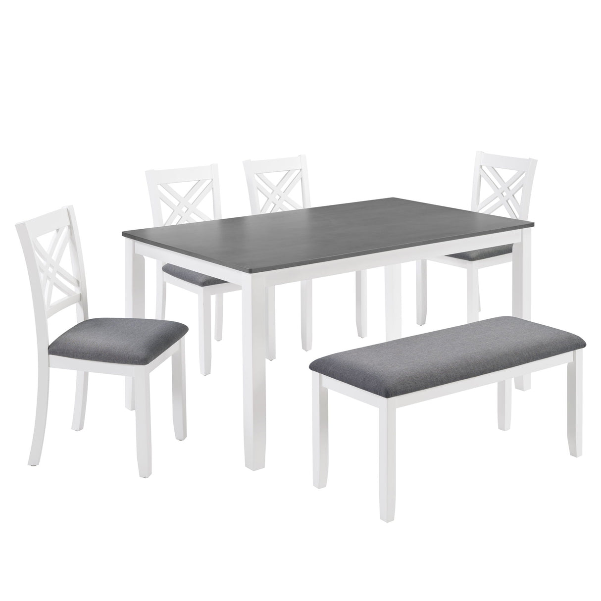6 Piece Kitchen Dining Set, Rectangular Dining Table With 4 Upholstered Chairs And Bench - Gray / White