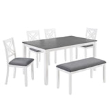 6 Piece Kitchen Dining Set, Rectangular Dining Table With 4 Upholstered Chairs And Bench - Gray / White