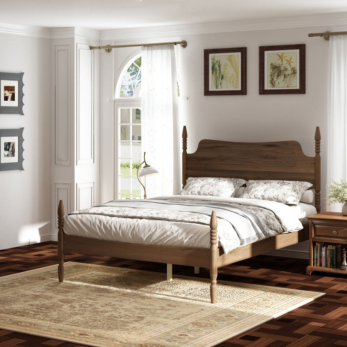 Retro 4 Poster Platform Bed Frame With Curved Tall Headboard