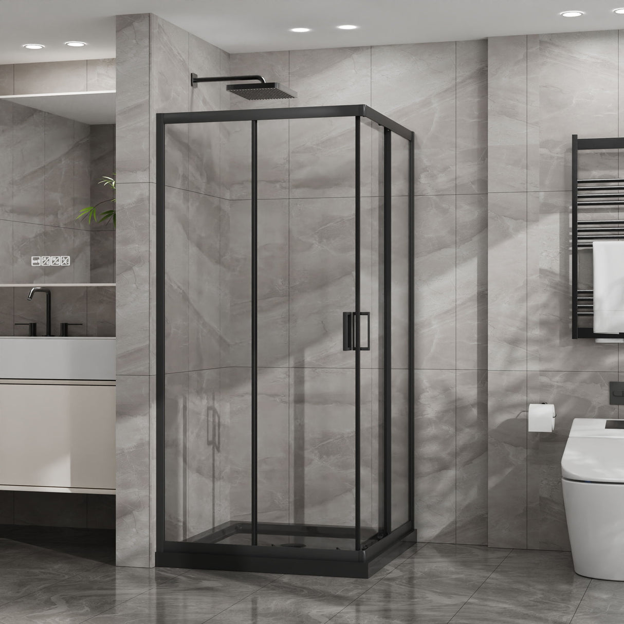 Corner Shower Enclosure, Double Sliding Door With Shower Base - Matte Black