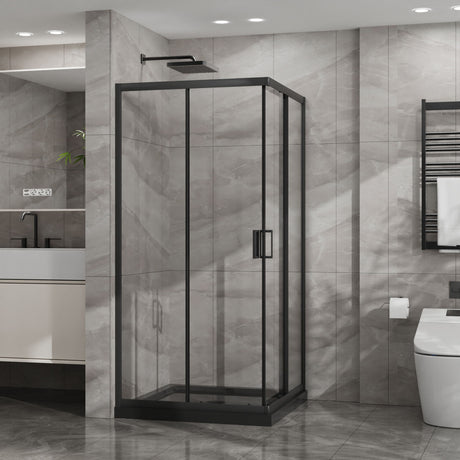 Corner Shower Enclosure, Double Sliding Door With Shower Base - Matte Black