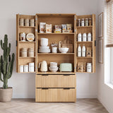 Fluted Kitchen Pantry Cabinet With 2 Large Drawers & 8 Door Spice Rack Freestanding Storage Organizer - Oak