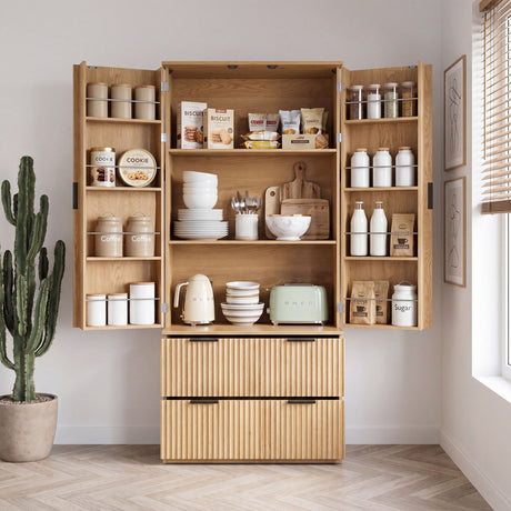 Fluted Kitchen Pantry Cabinet With 2 Large Drawers & 8 Door Spice Rack Freestanding Storage Organizer - Oak