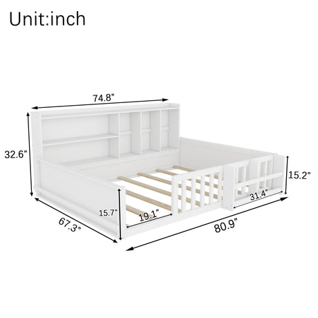 Platform Bed Frame With Guardrail, Storage Shelves & Bookshelf