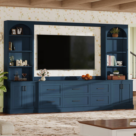 Arched Entertainment Center Wall Unit With 6 Drawers, Large TV Stand With Bookshelves