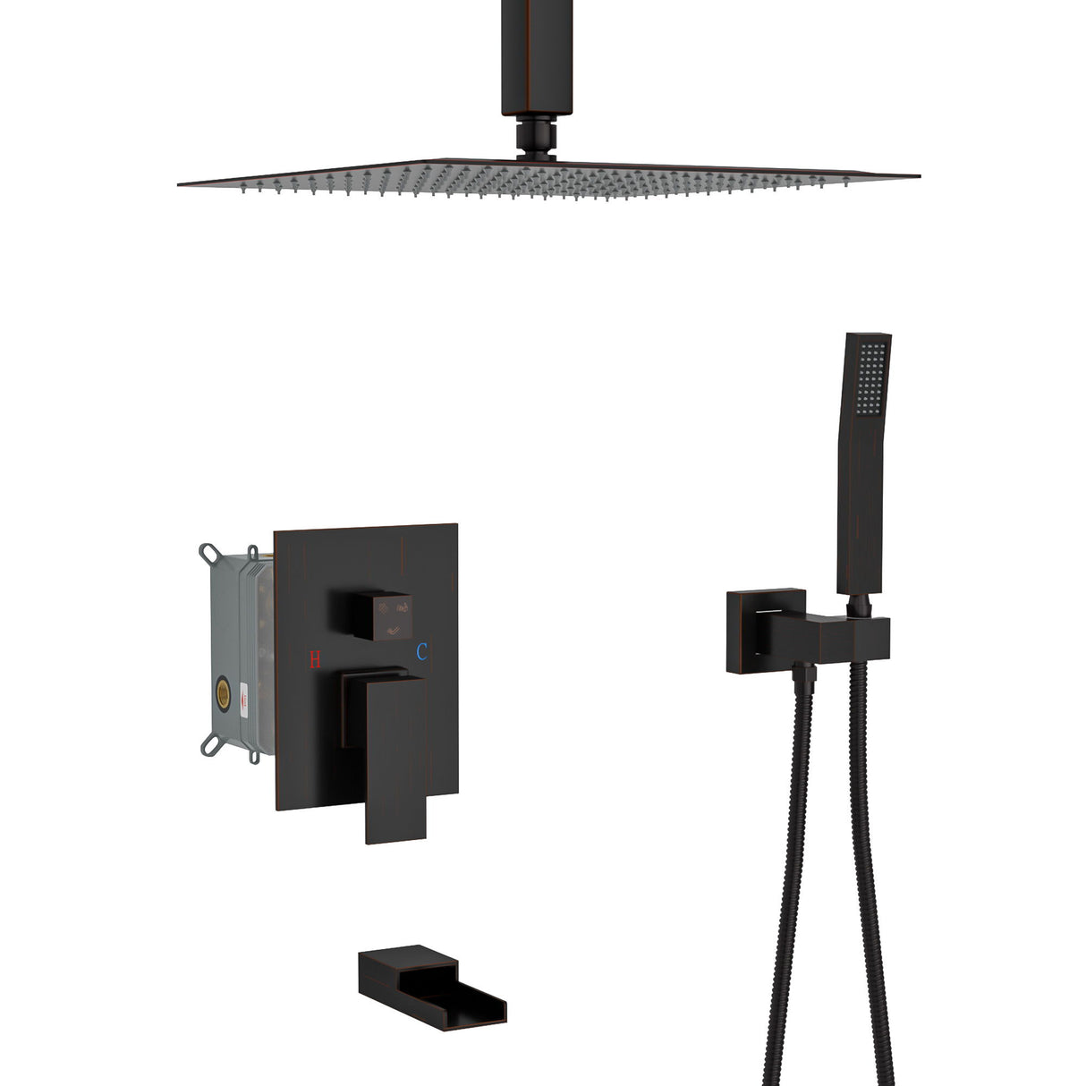 Modern Shower System With Waterfall Tub Spout, 12" Ceiling Mount Square Shower