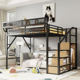 Queen Size Loft Bed & Stairs, Storage Shelves, Wardrobe - Black / Wood
