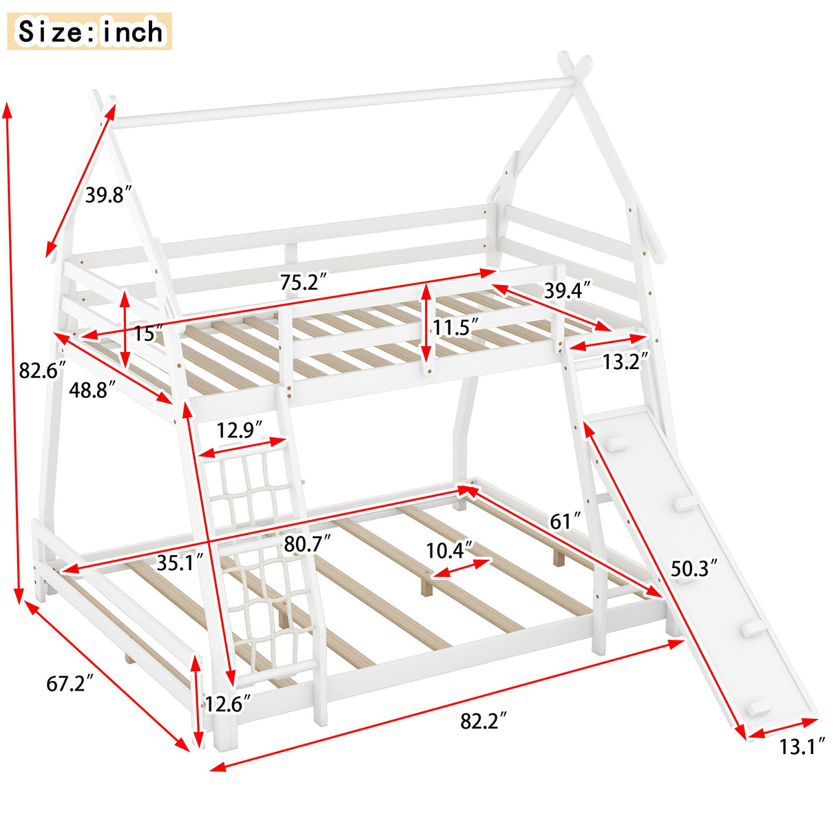 Georgiana - Twin Over Queen House Bunk Bed With Climbing Nets And Climbing Ramp