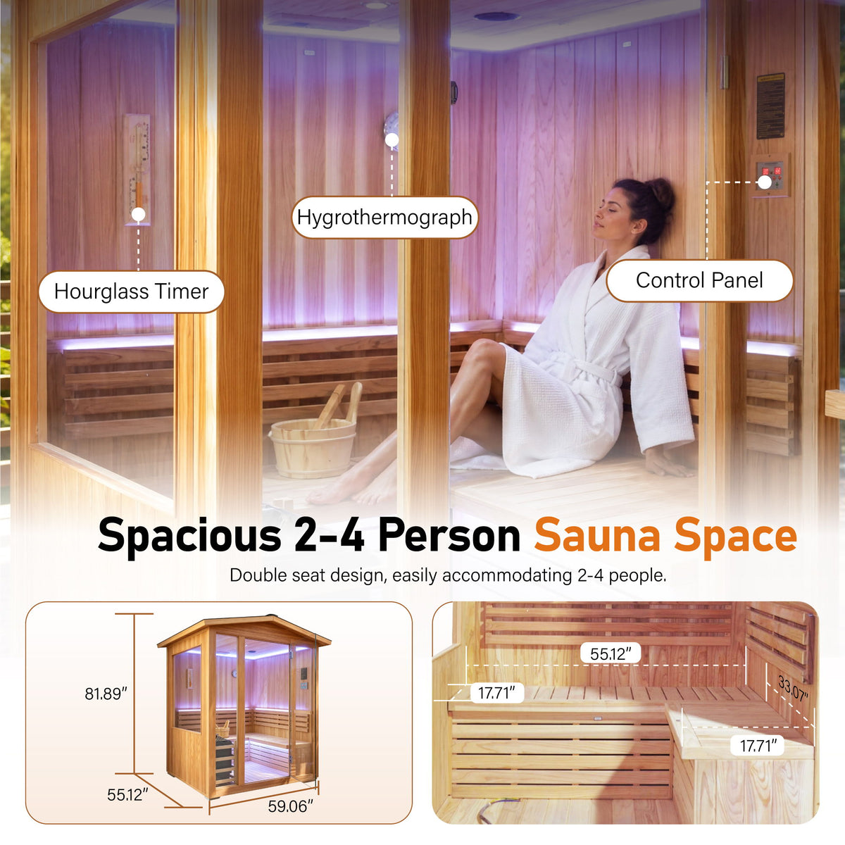 6000W 240V Outdoor Steam Sauna For 4 People - Ameican White Oak