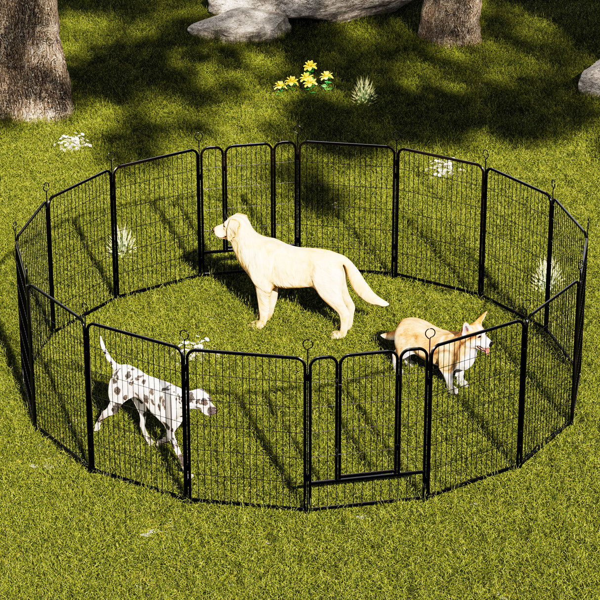 Dog Playpen, 16 Panels Pet Exercise Pen Indoor / Outdoor Fence With Anti Skid Base - Black