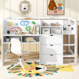 Low Loft Bed With Built In Desk, Storage Cabinets, Open Bookcase And Doodle board