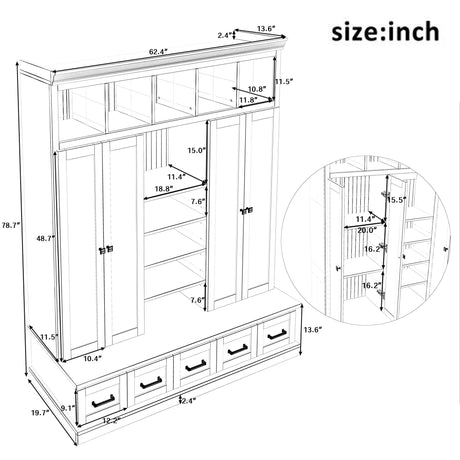 Hall Tree & Bench And 5 Storage Cubbies