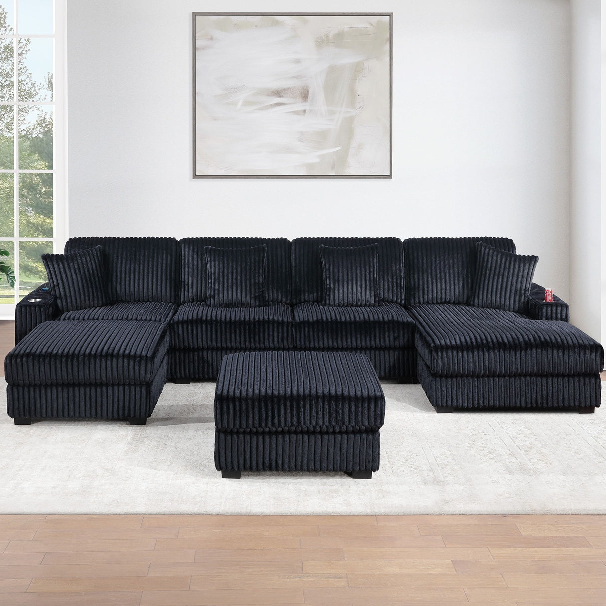 6 Piece Modular U Sectional Sofa Set With USB Cup Holder, Low Leg - Black