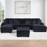 6 Piece Modular U Sectional Sofa Set With USB Cup Holder, Low Leg - Black
