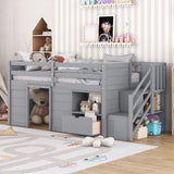 Low Loft Bed With Stair, Drawer, And Shelf