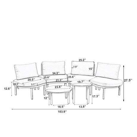 6 Piece Patio Set, Half Moon Outdoor Sectional Sofa With 2 High Low Coffee Tables, 4 Pillows & Cushions