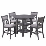 5 Piece Counter Height Dining Set With Storage Shelves Round Table And Upholstered High Chairs - Gray