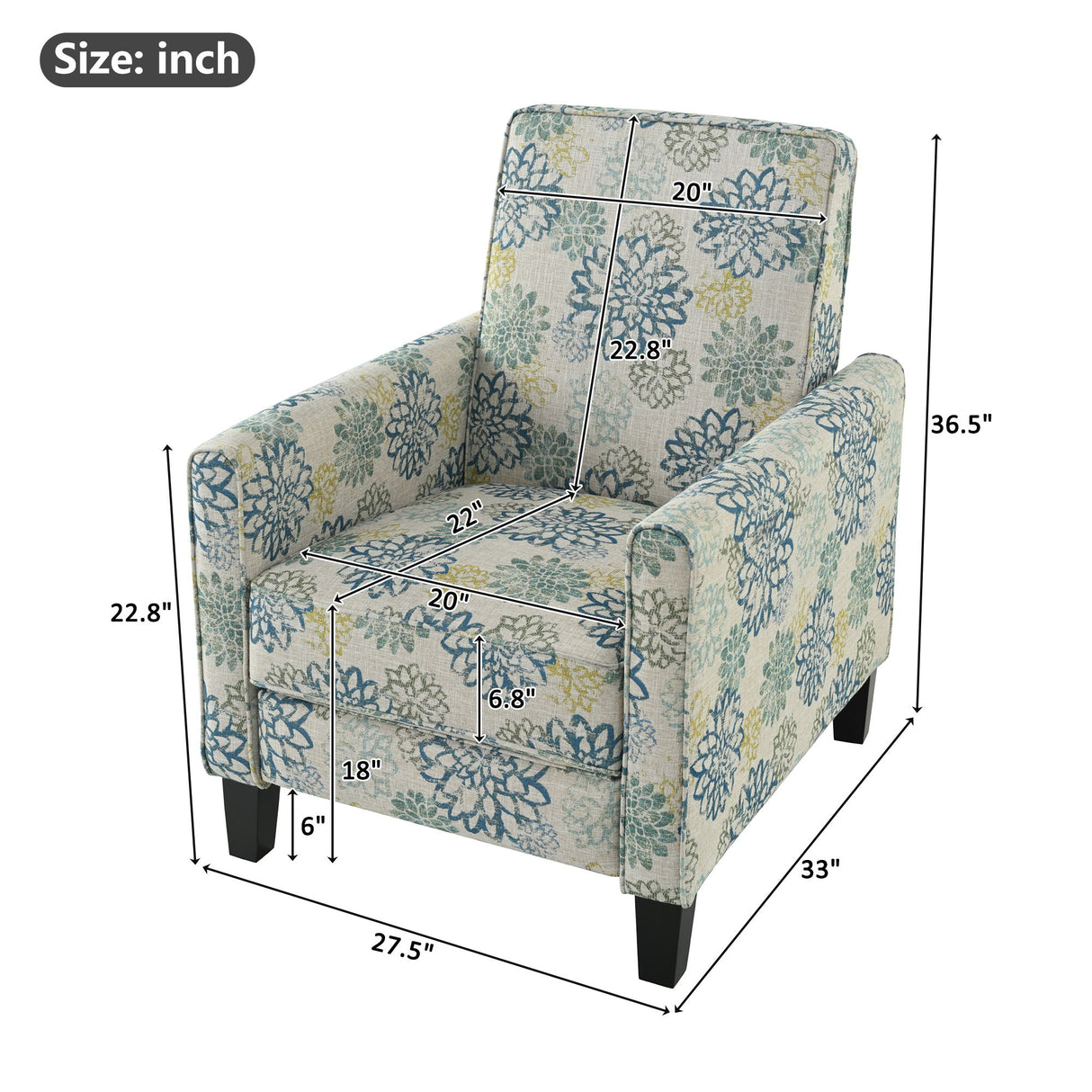 Upholstered Push Back Recliner Chair For Living Room - Blue