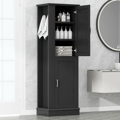Tall Freestanding Bathroom Storage Cabinet With Adjustable Shelves And Side Hooks