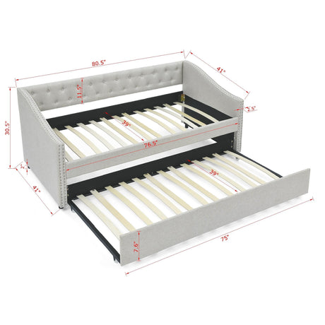 Upholstered Tufted Daybed With Drawers, Waved Arms