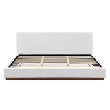 Elegant Boucle Upholstered Bed With Wood Grain Textured Solid Wood Base Frame