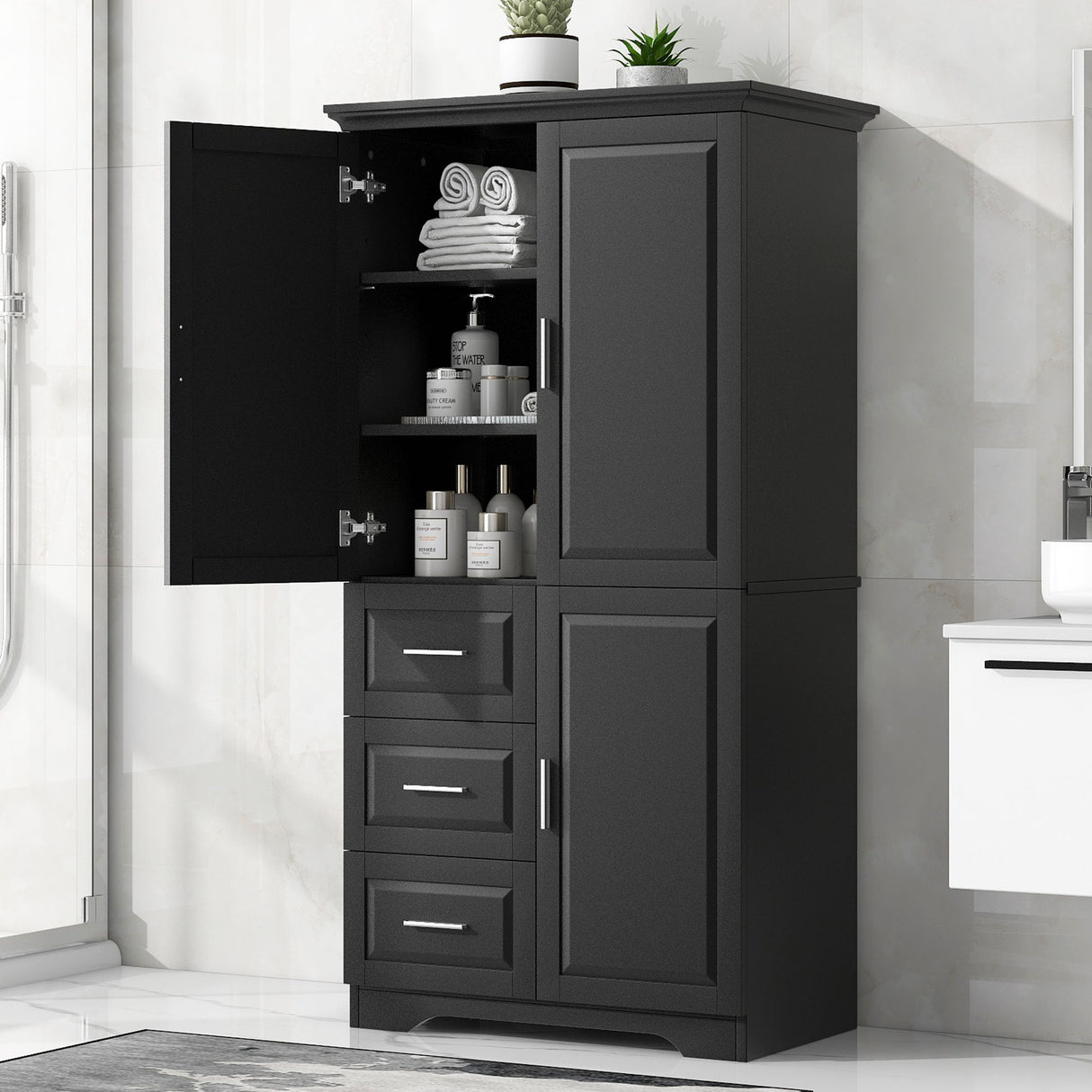 Tall Wide Storage Cabinet With Doors, 3 Drawers