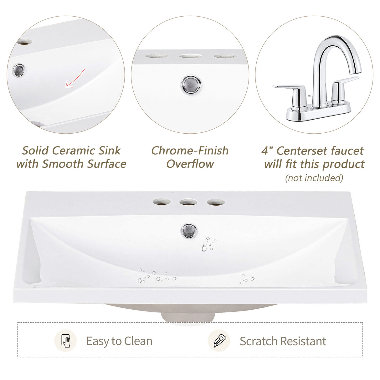 Bathroom Vanity Top, Rectangular Undermount Sink With 3 Faucet Holes, 4" Centerset Compatible - White