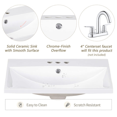 Bathroom Vanity Top, Rectangular Undermount Sink With 3 Faucet Holes, 4" Centerset Compatible - White